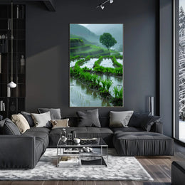 Peaceful Terraced Rice Paddies in Rainy Rural Landscape Poster PosterGoat