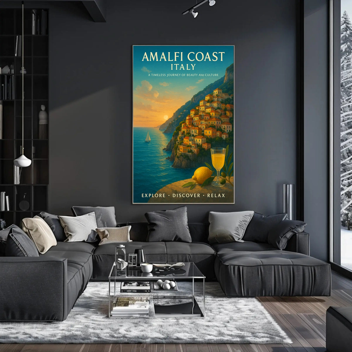 The poster showcases the Amalfi Coast in Italy, emphasizing its timeless beauty and Travel Poster