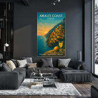 The poster showcases the Amalfi Coast in Italy, emphasizing its timeless beauty and Travel Poster