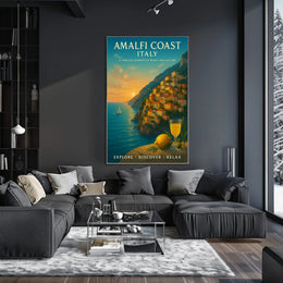 The poster showcases the Amalfi Coast in Italy, emphasizing its timeless beauty and Travel Poster