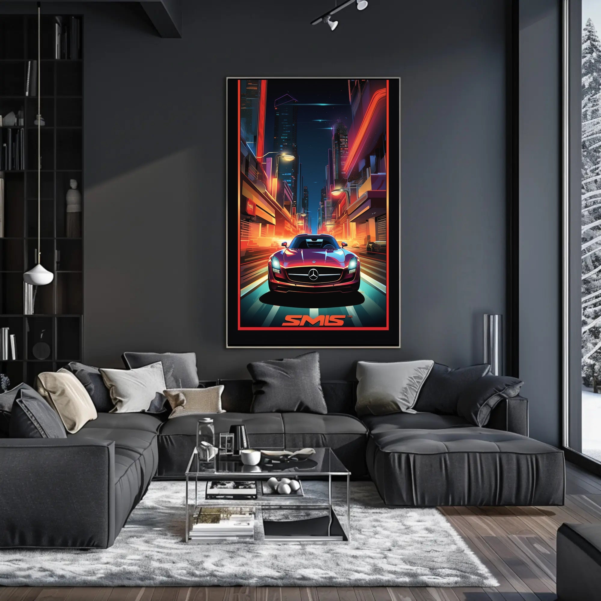 Sleek Sports Car in Vibrant Futuristic Sci-Fi Poster