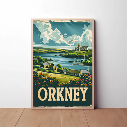 Orkney Coastal Village British Isles Travel Poster