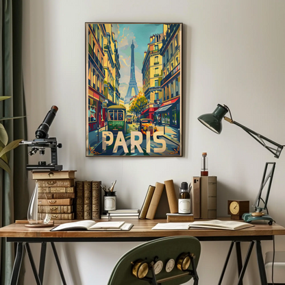 Vibrant Parisian Street Eiffel View Vintage Travel Poster