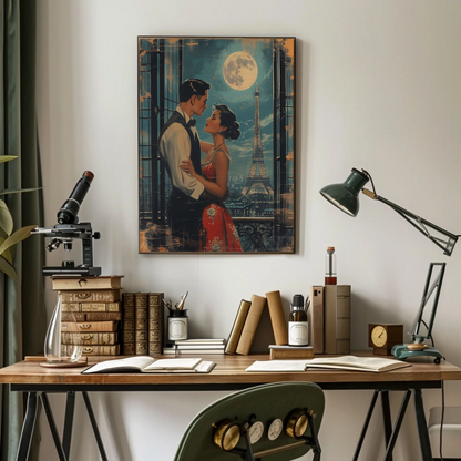 Romantic Couple Eiffel Tower Paris Moonlight Vintage Travel Poster