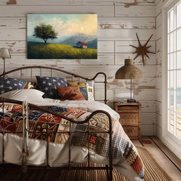 Serene Countryside Landscape with Cottage and Tree