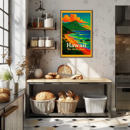 Hawaii Aloha State Colorful Coastline Travel Poster