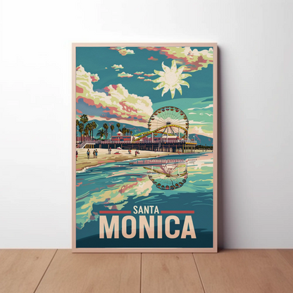Santa Monica Reflection Ferris Wheel Beachfront Sunset Travel Poster