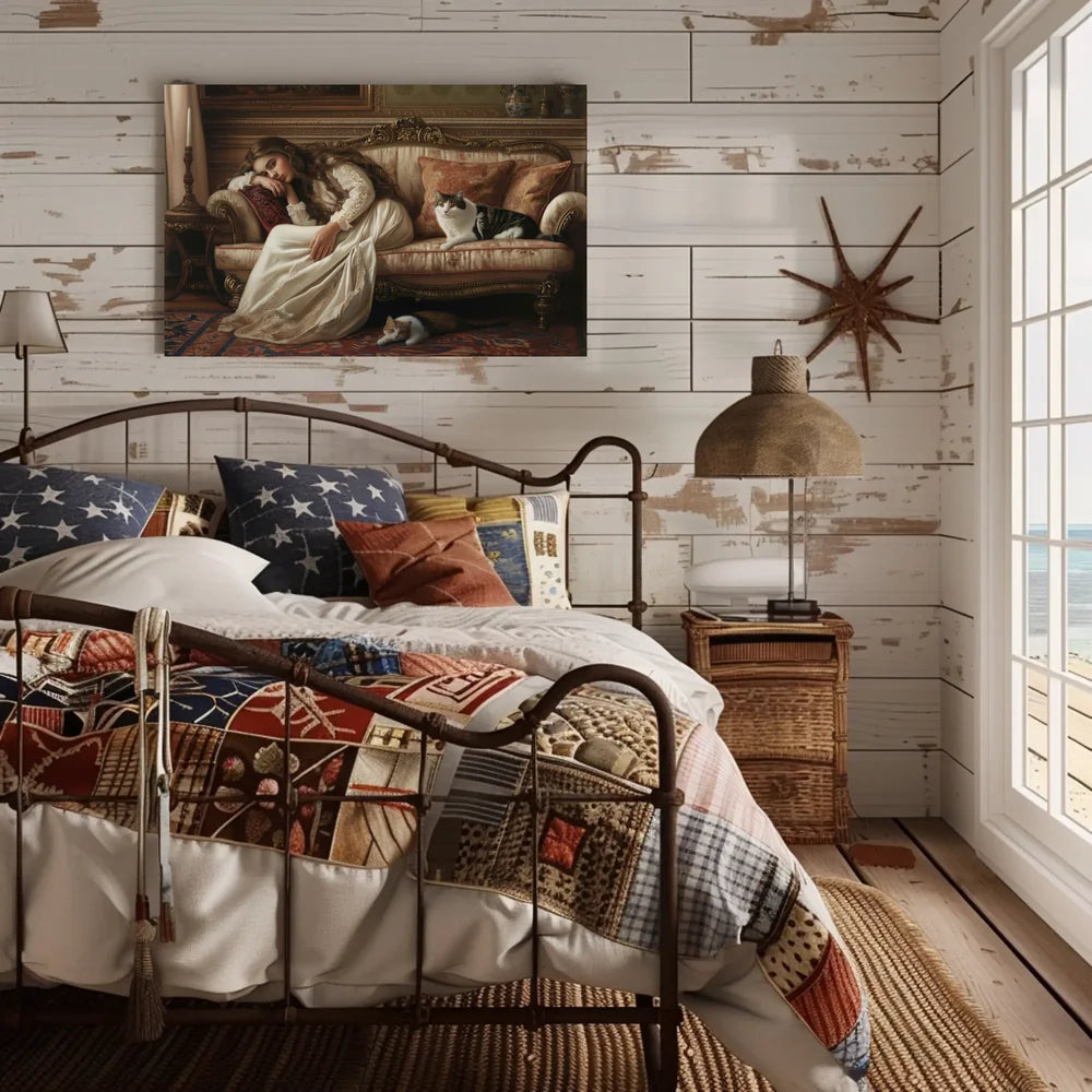 Serene Vintage Woman with Cats in Classic Interior