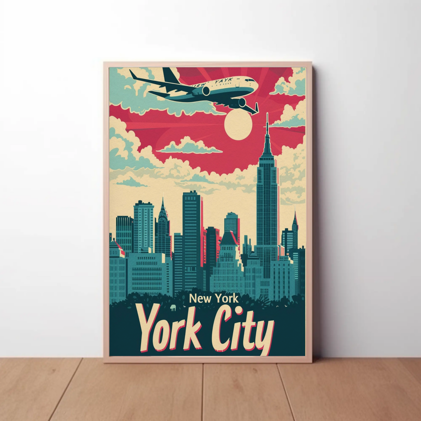 New York City Airplane Skyline Red Sky Travel Poster