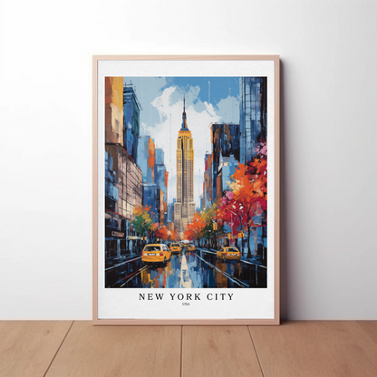 New York City Fall Taxis Empire State Building Travel Poster