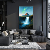 Majestic Northern Lights Over Waterfall Poster