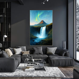 Majestic Northern Lights Over Waterfall Poster