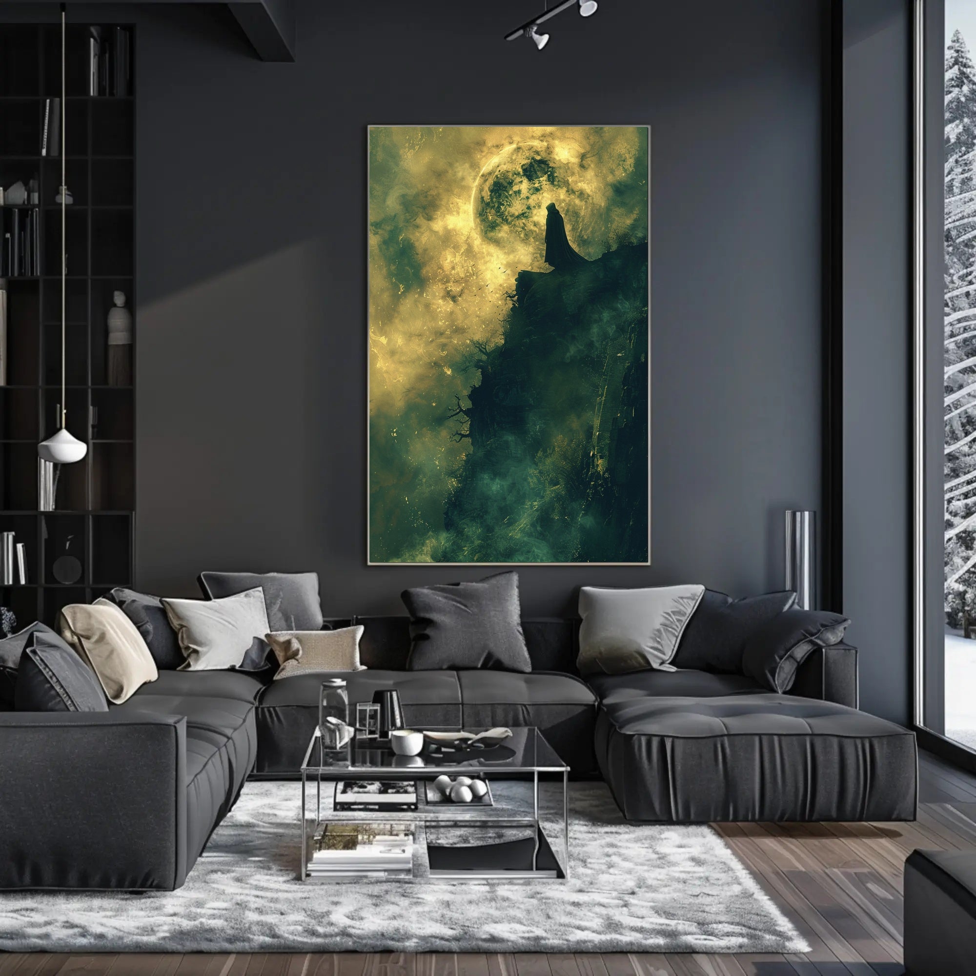 Mysterious Cloaked Figure Under Glowing Moon Fantasy Poster