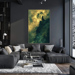 Mysterious Cloaked Figure Under Glowing Moon Fantasy Poster