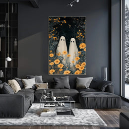 Ghostly Figures Surreal Whimsical Flowers Poster