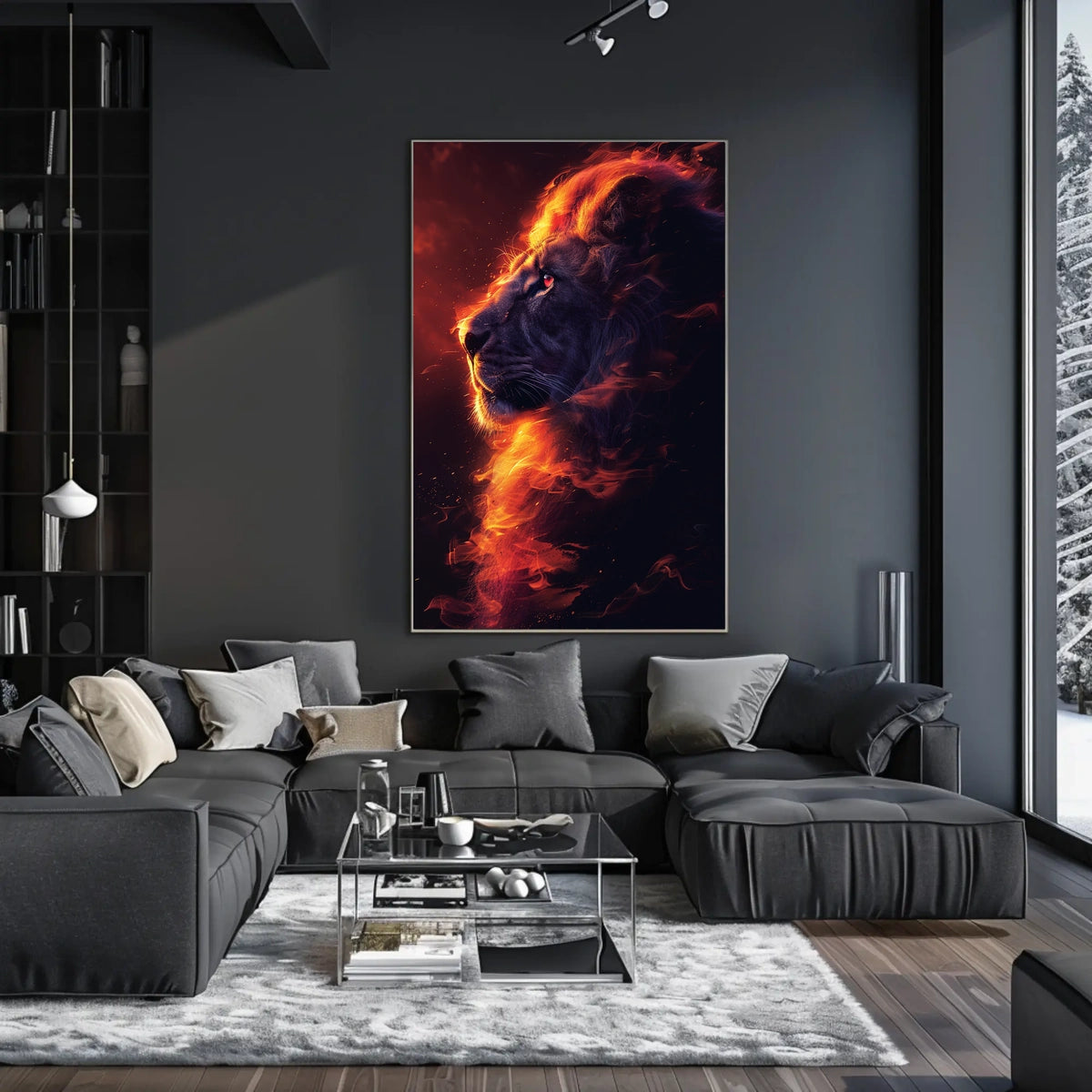Majestic Lion Poster: Fiery Mane, Dark Background