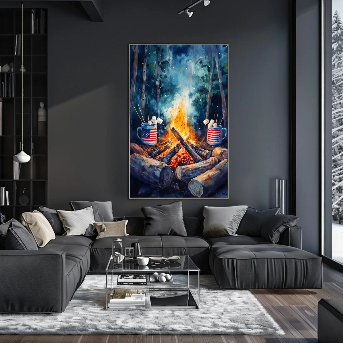Cozy Campfire Night With American Flag Mugs Outdoor Poster