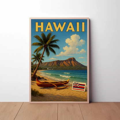 Hawaii Diamond Head Canoe Beach Flag Poster