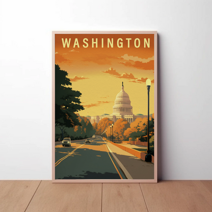 Washington USA Capitol Building Autumn Street Travel Poster