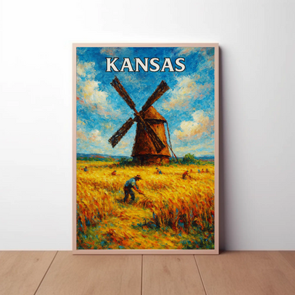 Kansas Windmill Wheat Field Harvest Painting Poster Poster