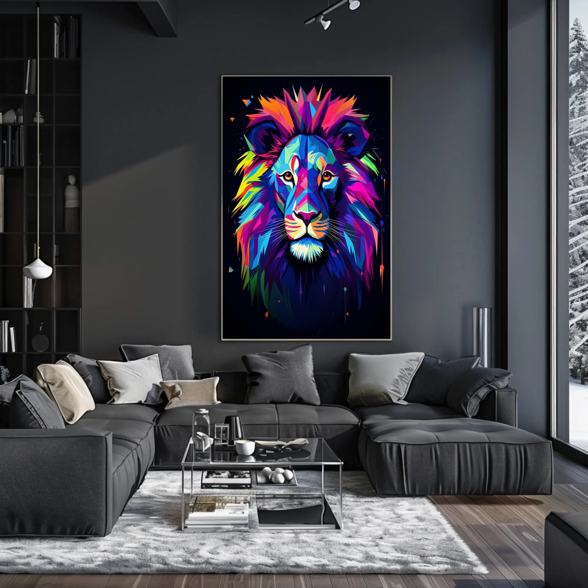 Vibrant Lion Portrait in Abstract, Artistic, or Pop Culture Poster