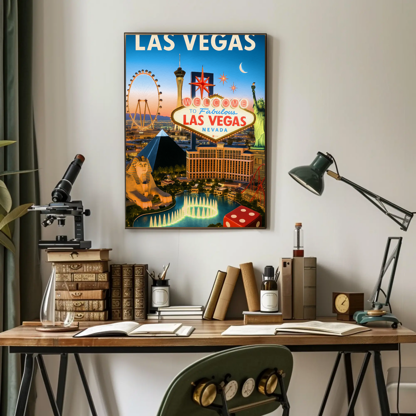 Las Vegas Iconic Landmarks Night Lights Vintage Travel Poster