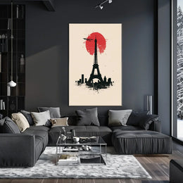The poster features a stylized depiction of the Eiffel Tower in silhouette against Travel Poster