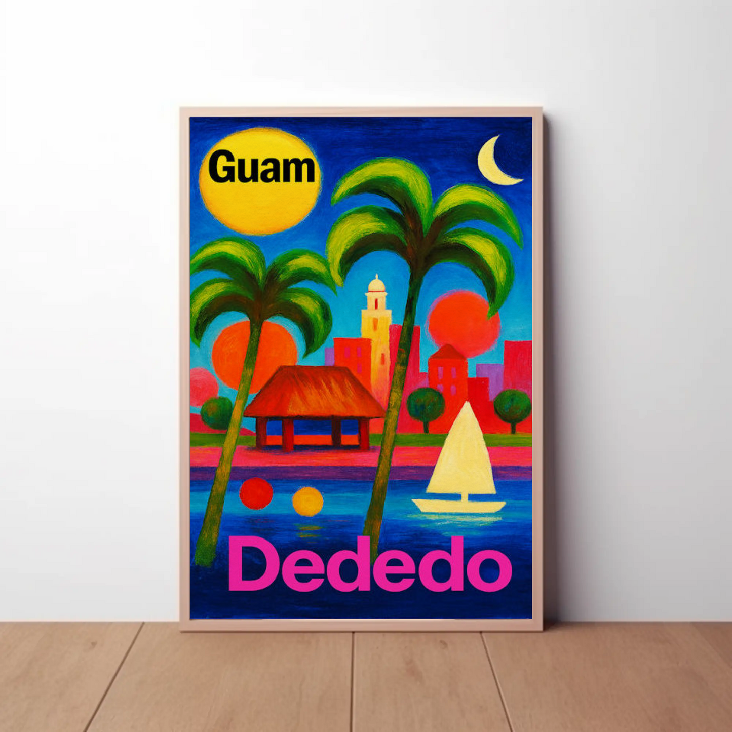 Dededo Guam Colorful Skyline Moonlight Travel Poster