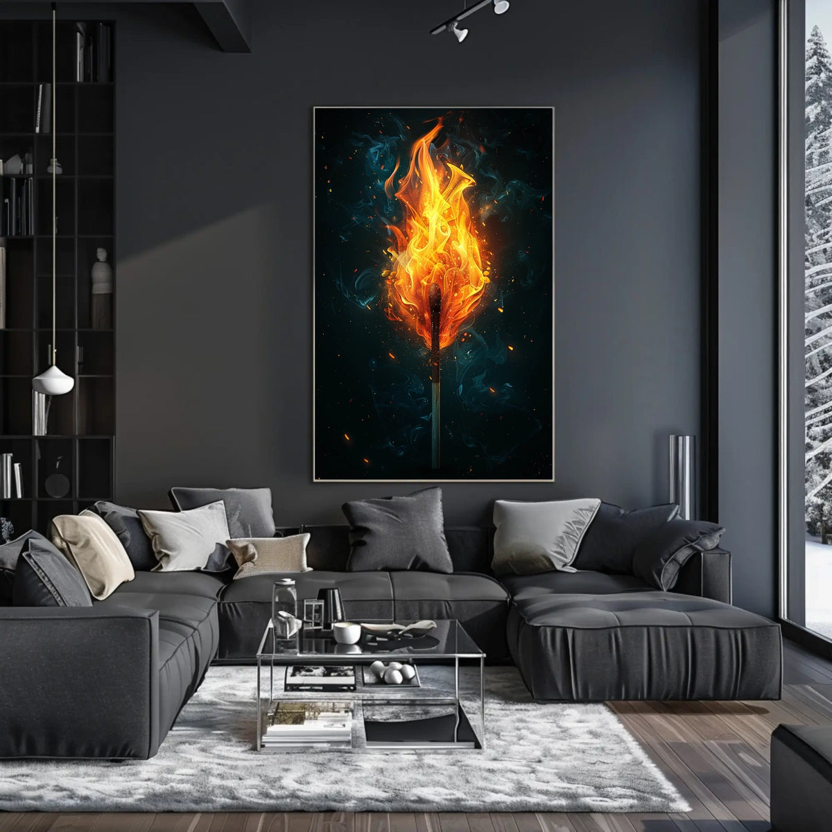 Fiery Matchstick Surrealism: Modern Art Poster