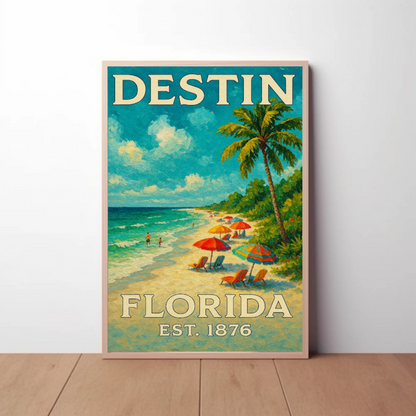 Destin Florida Palm Umbrella Beach Travel Poster