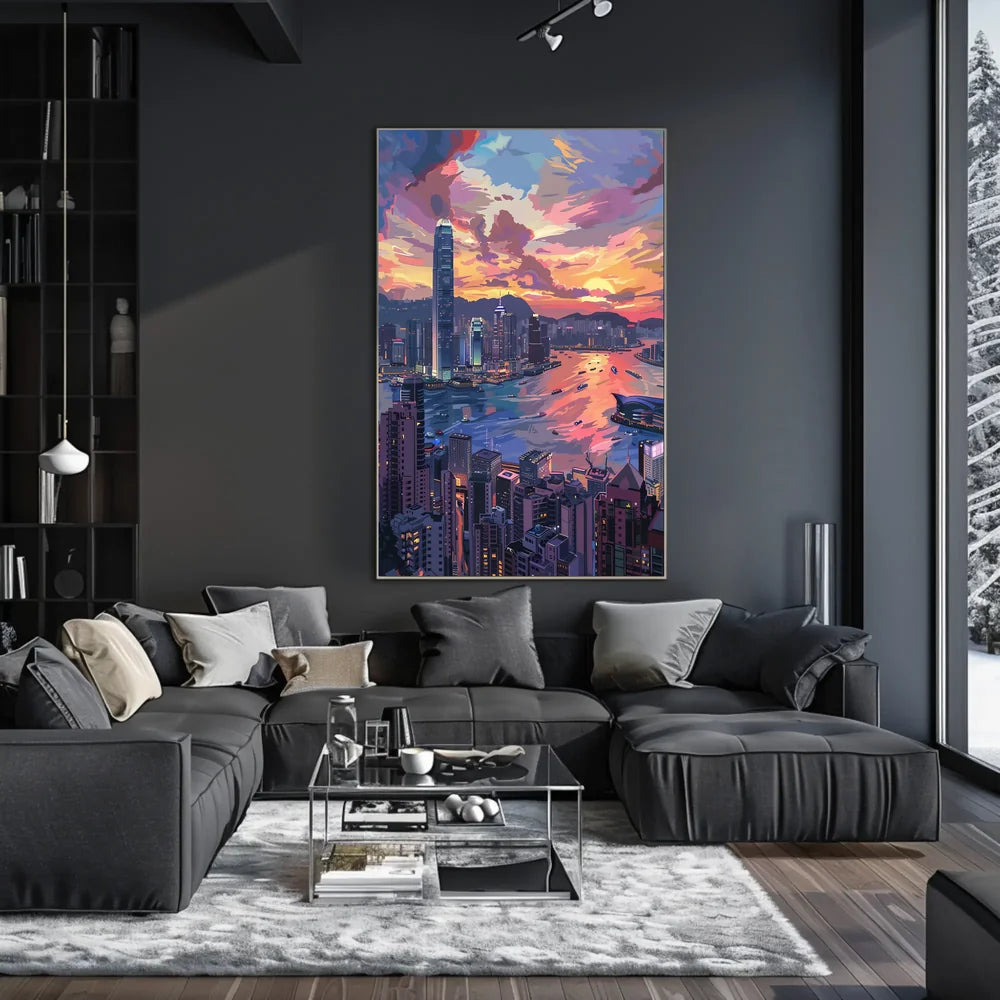 Hong Kong Sunset Cityscape Modern Art Poster