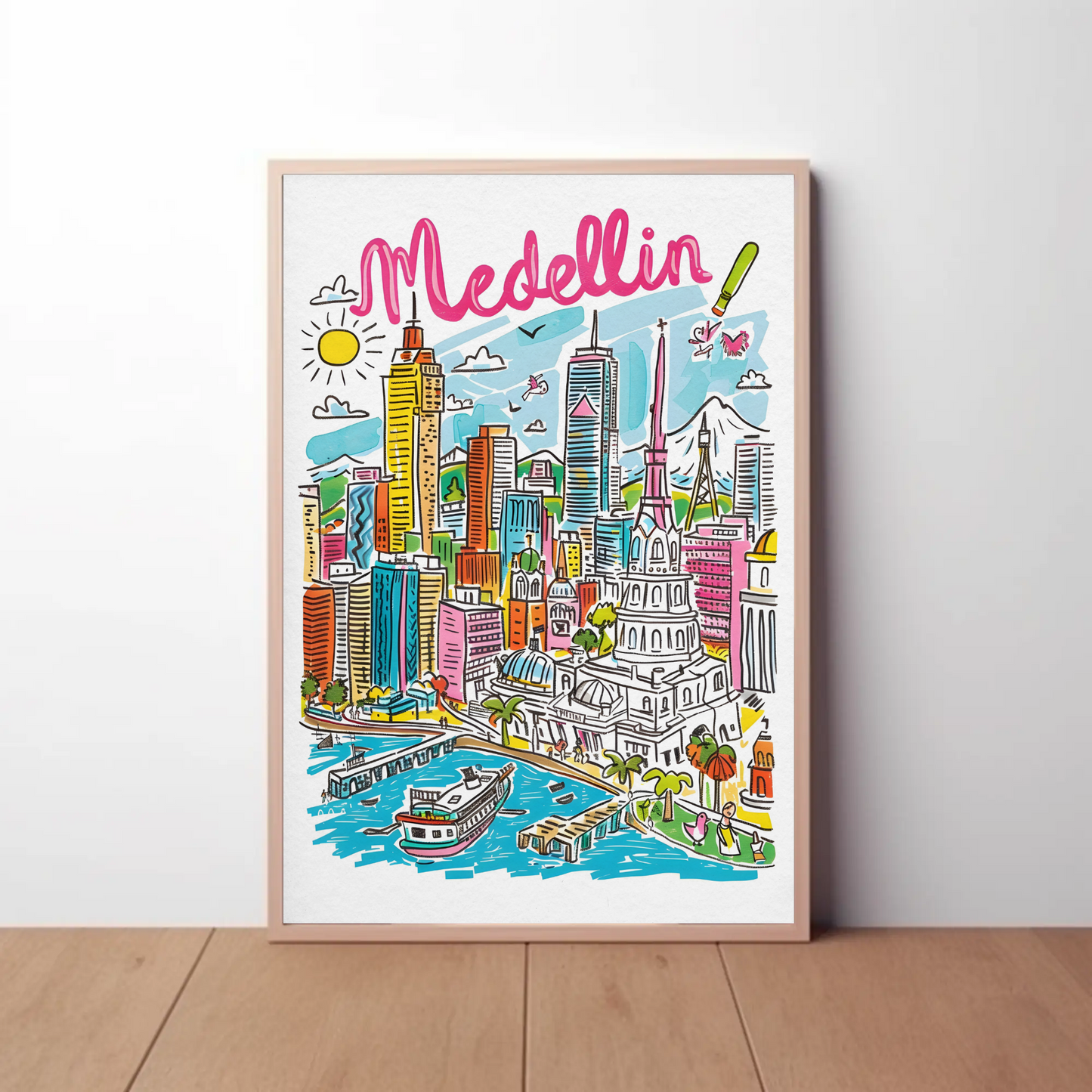 Medellin Colombia Colorful Cityscape and Mountains Travel Poster
