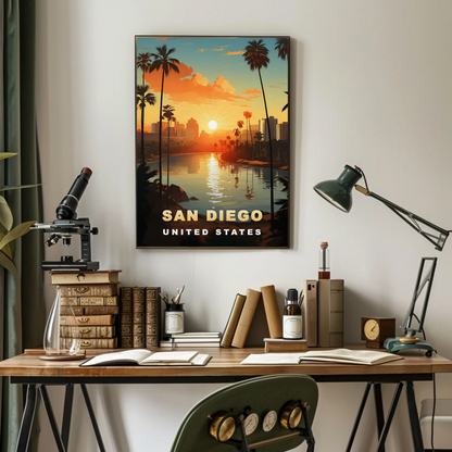 San Diego California Coastline Sunset Palms Vintage Travel Poster