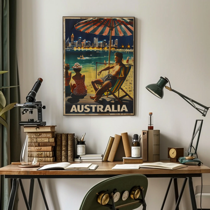 Australia Beach City Night Relaxing Scene Vintage Travel Poster