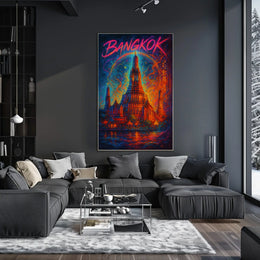 This vibrant poster art depicts an iconic temple in Bangkok, Thailand, likely the Travel Poster