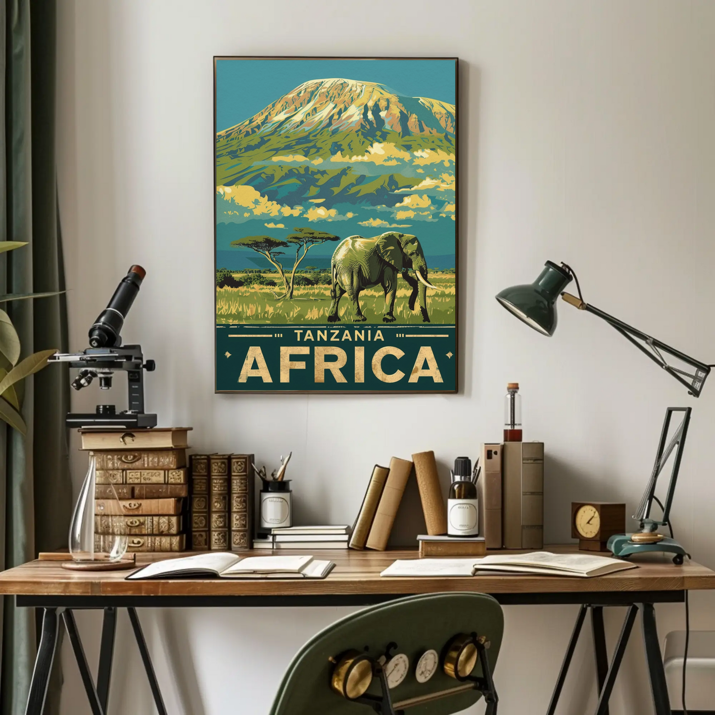 Tanzania Africa Elephant Kilimanjaro Safari Vintage Travel Poster