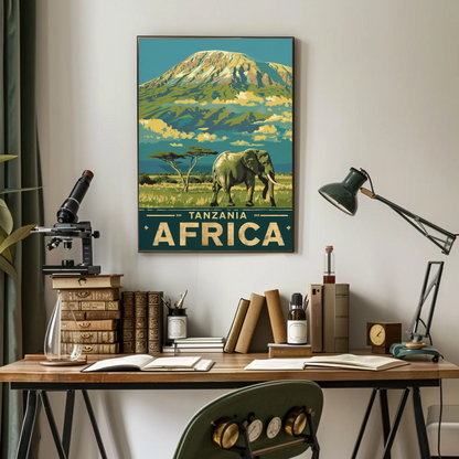 Tanzania Africa Elephant Kilimanjaro Safari Vintage Travel Poster