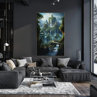 Fantasy Landscape with Pagodas and Waterfalls – Artistic Poster