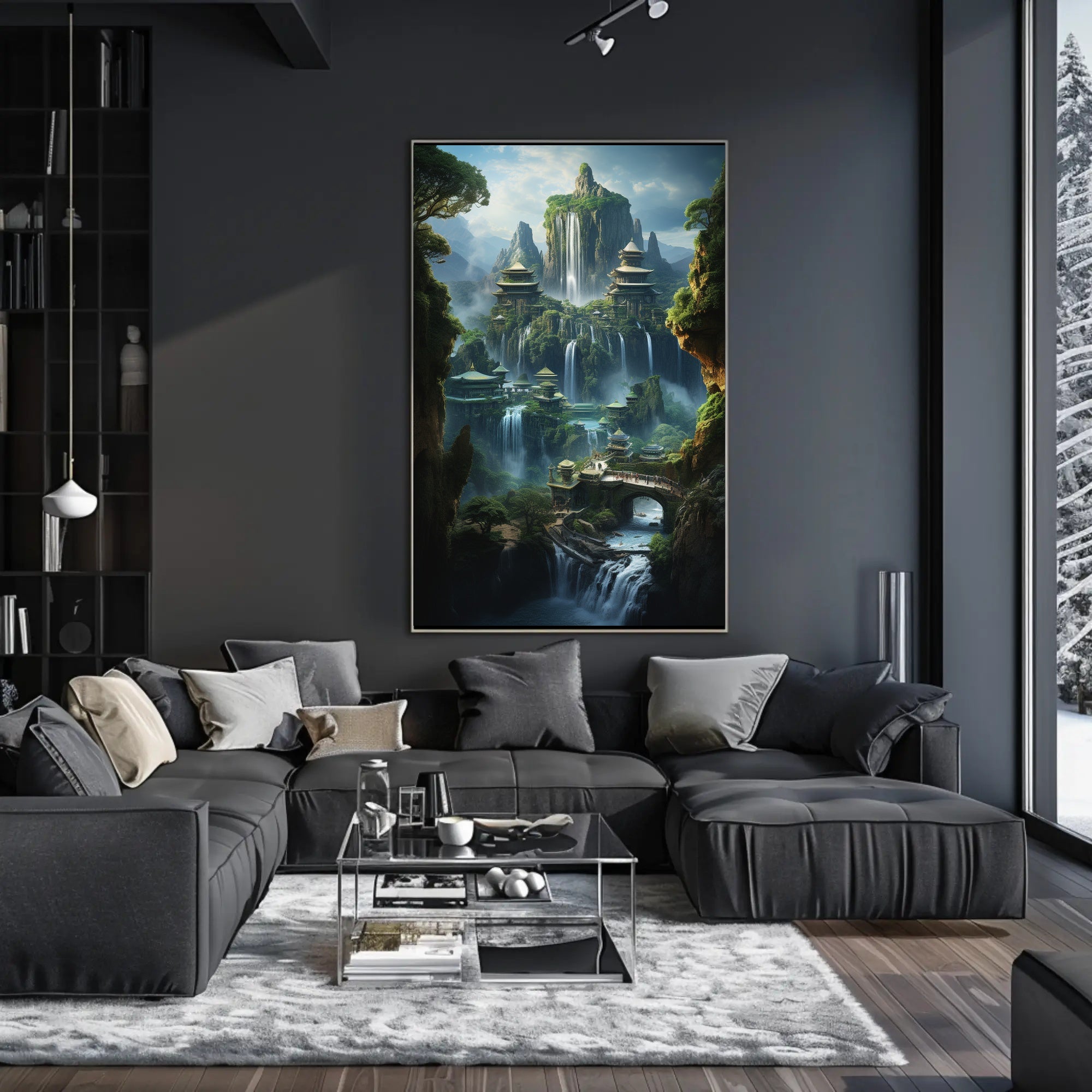 Fantasy Landscape with Pagodas and Waterfalls – Artistic Poster