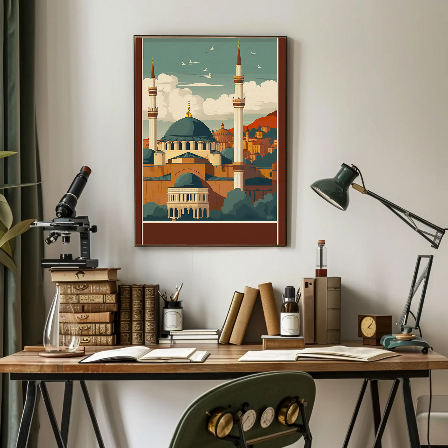 Turkey Mosque Minarets Hillside Sunset Vintage Travel Poster