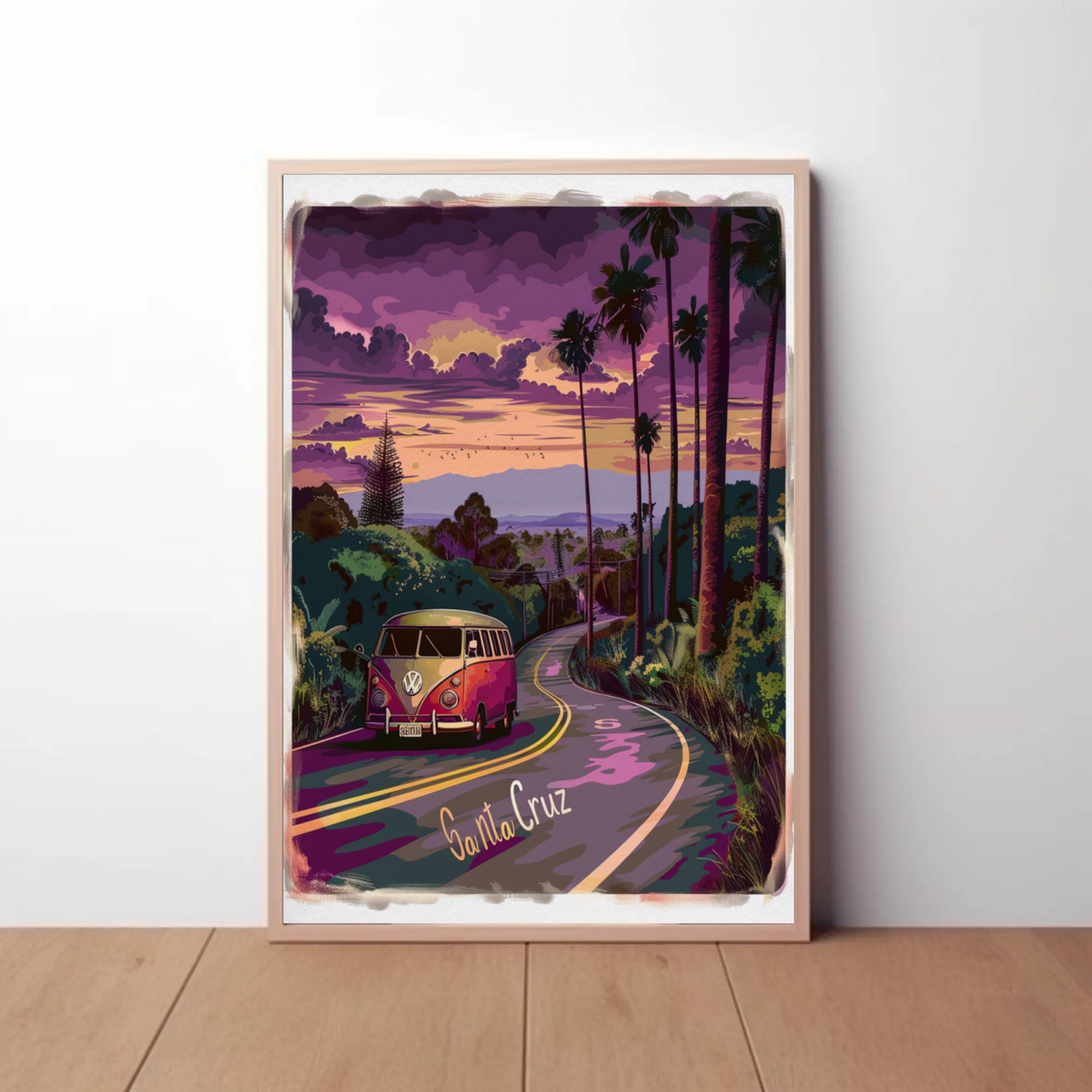 Santa Cruz Sunset Road VW Van Retro Travel Poster