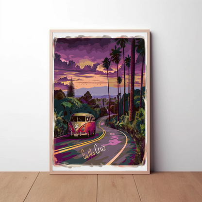 Santa Cruz Sunset Road VW Van Retro Travel Poster