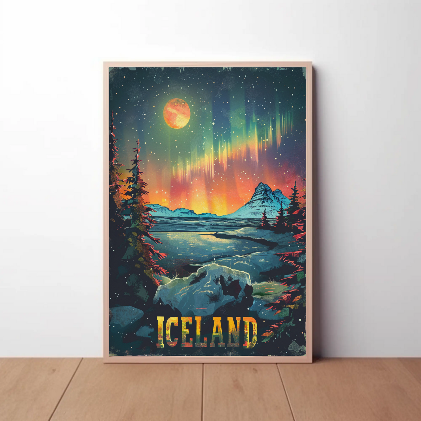 Iceland Aurora Borealis Winter Scene Travel Poster
