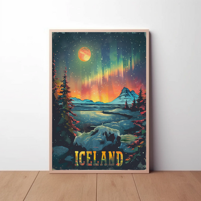 Iceland Aurora Borealis Winter Scene Travel Poster