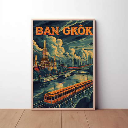 Bangkok Golden Temple River Train Skyline Scene Travel Poster