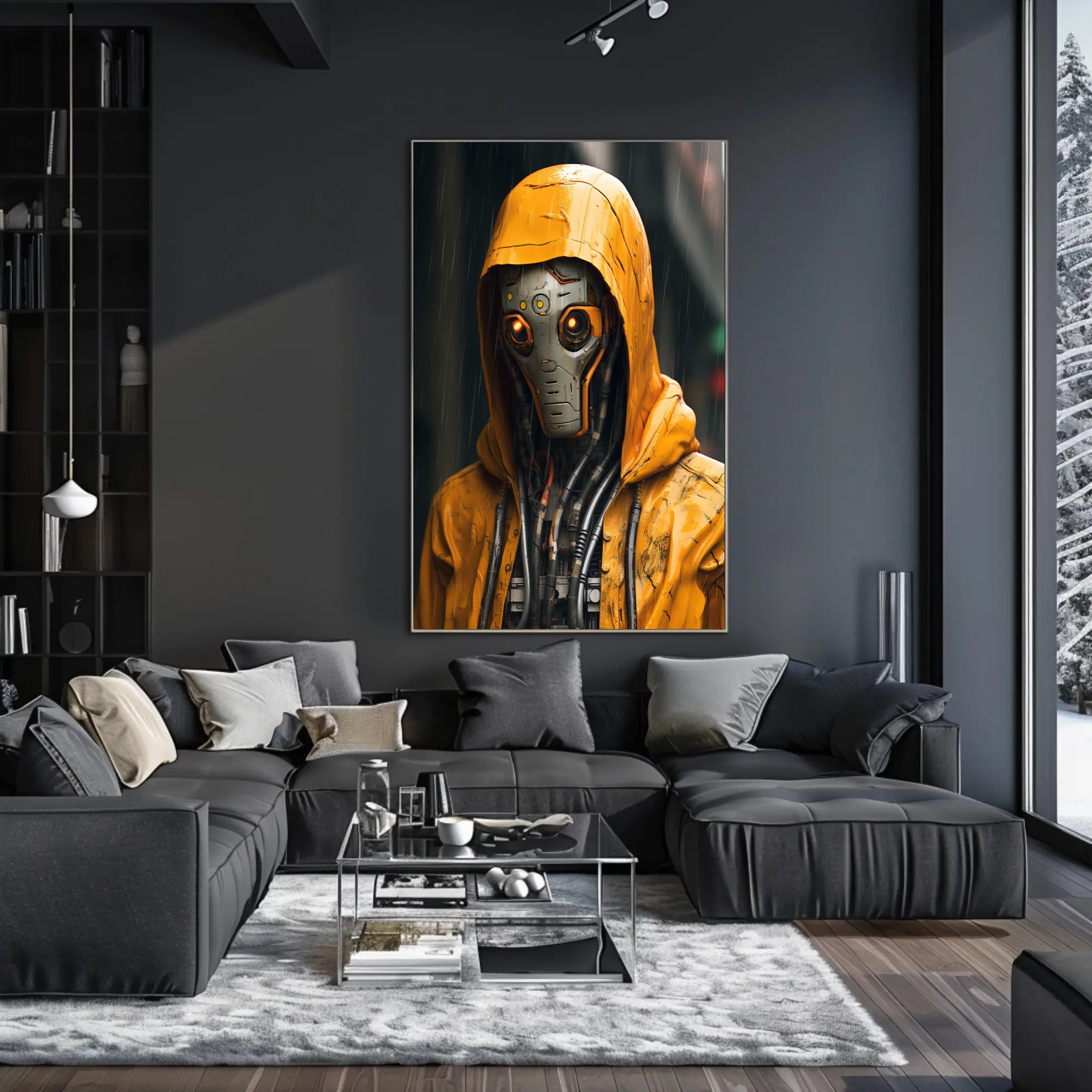 Cybernetic Sentinel In The Rain Poster PosterGoat