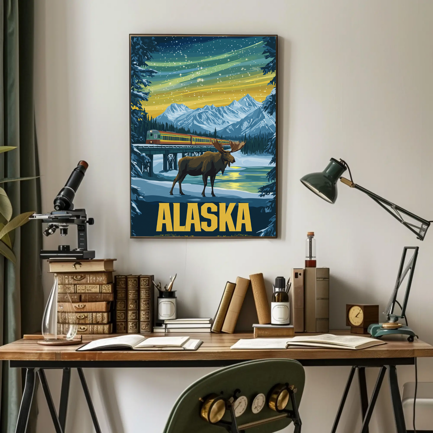 Alaska Vintage Poster - Moose and Northern Lights