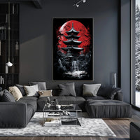 Traditional Japanese Pagoda with Red Moon Cultural Poster