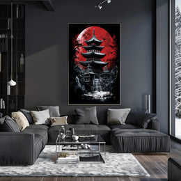 Traditional Japanese Pagoda with Red Moon Cultural Poster