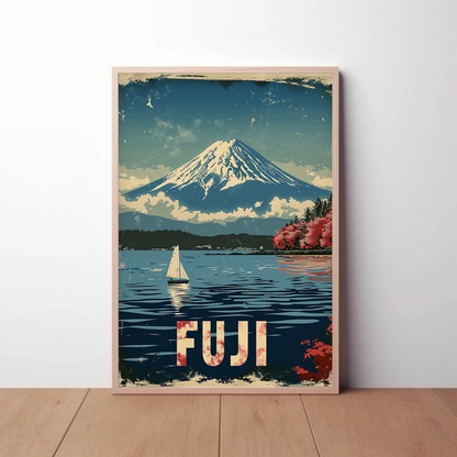 Fuji Mountain Sailing Scene Vintage Travel Poster